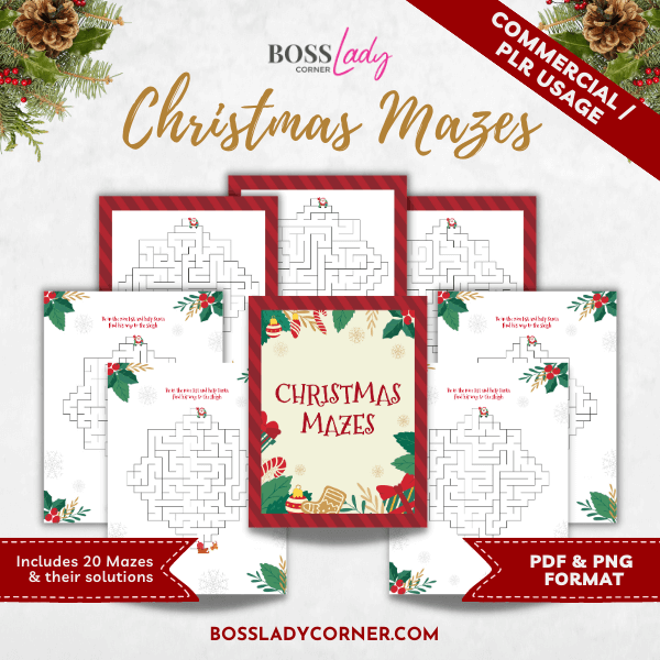 PLR Christmas Maze Printables set of 20 by Boss Lady Corner, Solutions included.