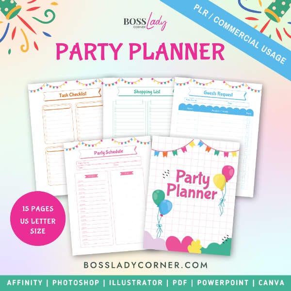 Party Planner Printable with PLR and commercial use license by Boss Lady Corner. Colorful party decorations design
