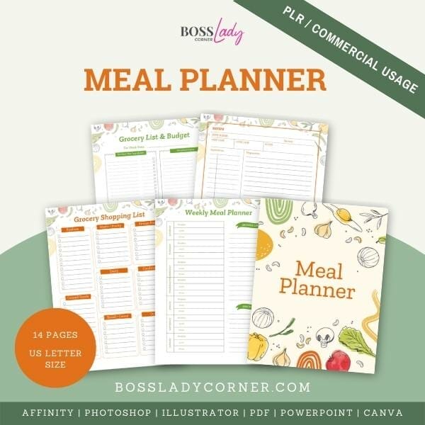 14 Page Meal Planner Printable in Canva, Powerpoint, Affinity Publisher, Photoshop and Illustrator formats