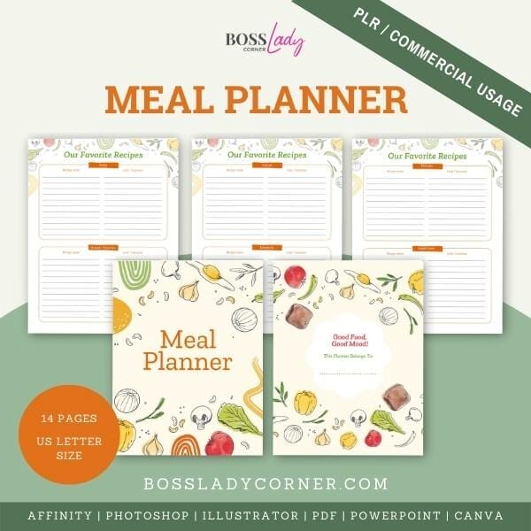 14 Page Meal Planner Printable in Canva, Powerpoint, Affinity Publisher, Photoshop and Illustrator formats