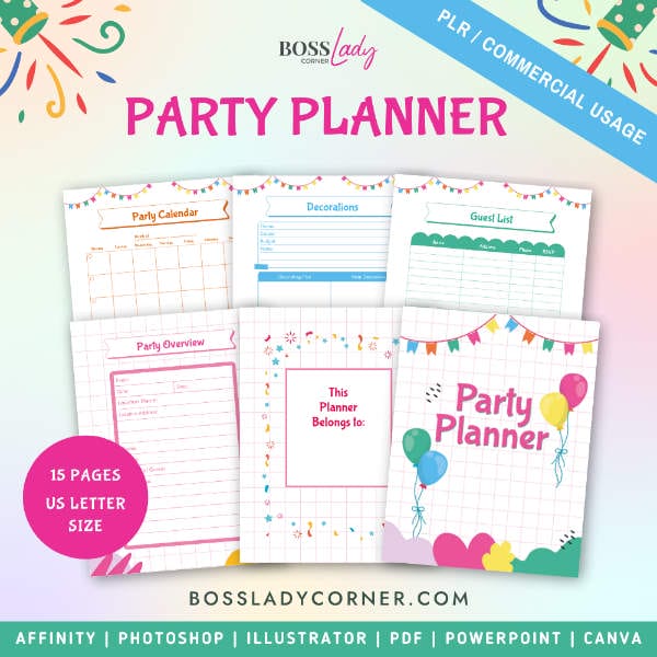 15 page party planner printable with PLR license and a color party decorations design